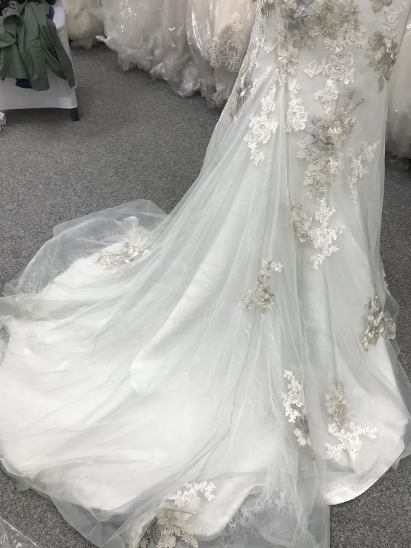Deatil of the train on the Argent wedding dress