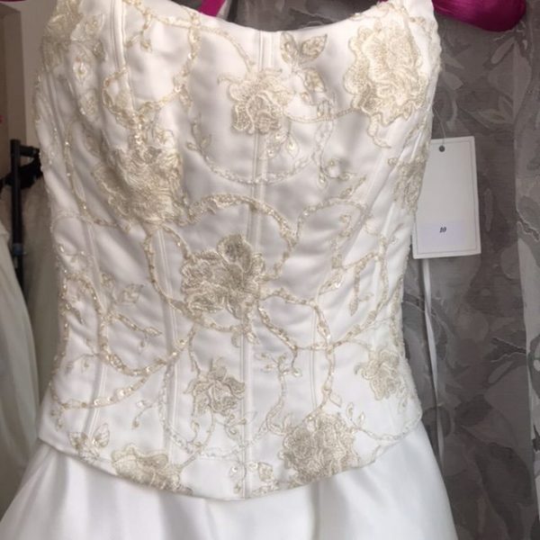 Samantha wedding dress bodice showing pale gold embroidery and beading